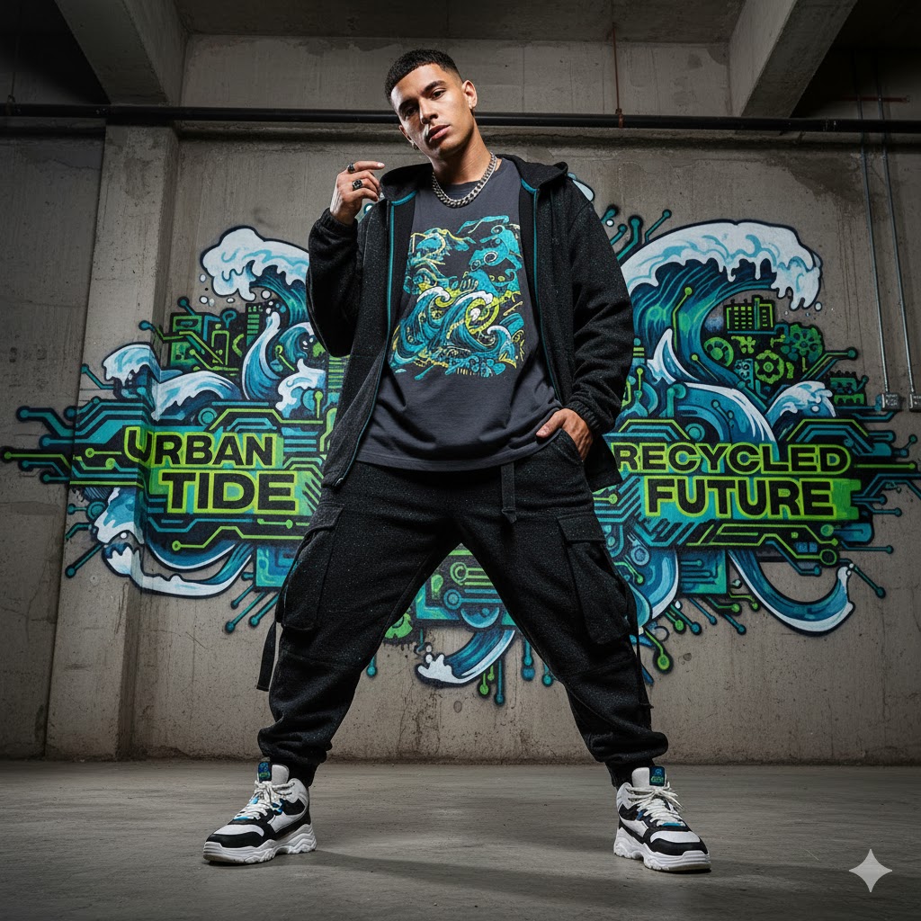 Bold Gen Z model wearing statement streetwear pieces made from recycled ocean plastic, showcasing urban fashion with visible sustainable material texture