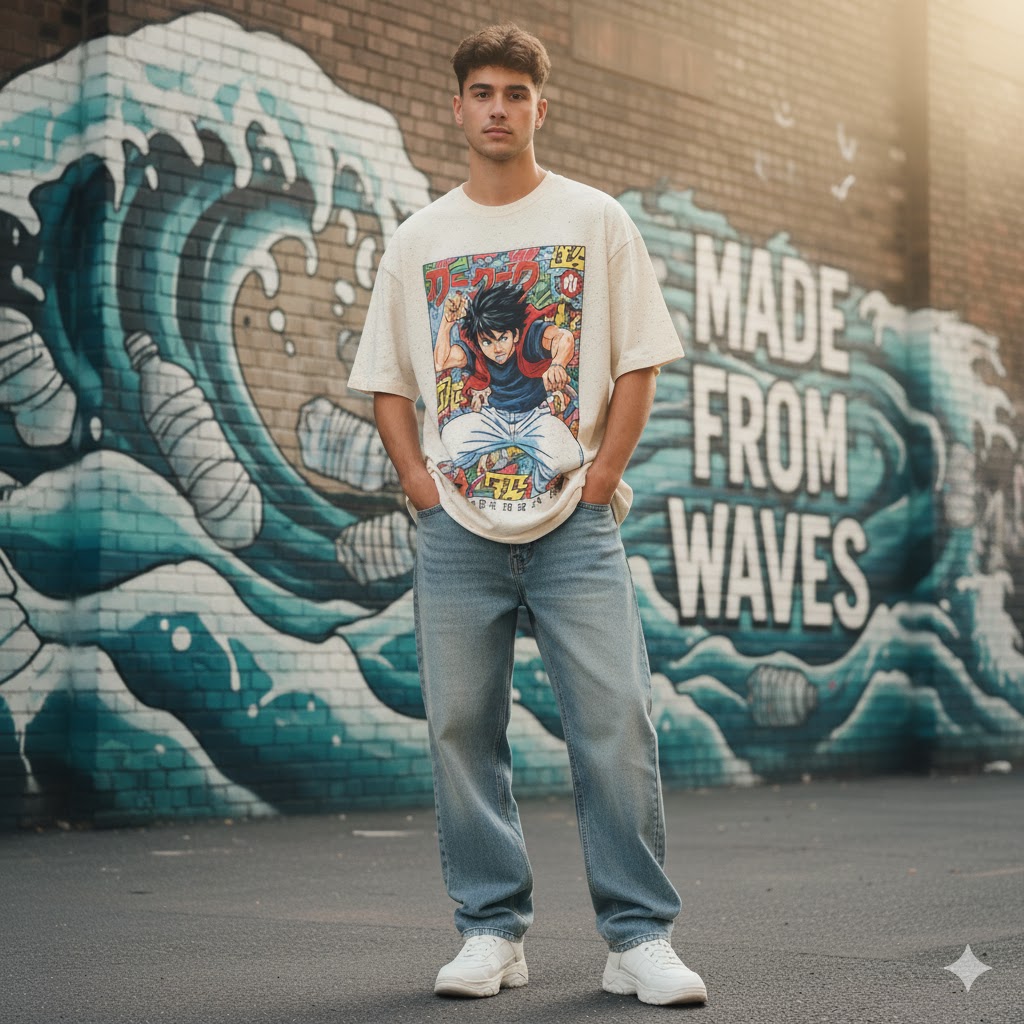 Young Gen Z model wearing oversized graphic t-shirt made from recycled ocean plastic, showing confident streetwear style with visible sustainable fabric texture